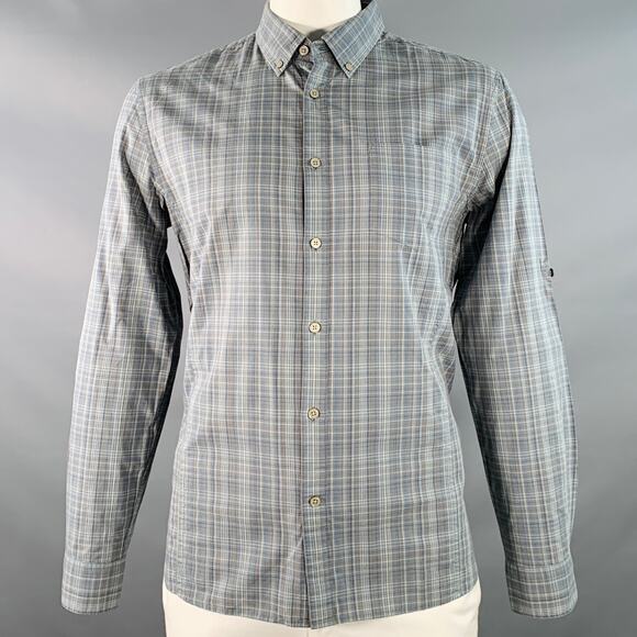 L Blue Brown White Plaid Cotton Button Down Collar Roll Tab Long Sleeve Shirt - Picture 1 of 9